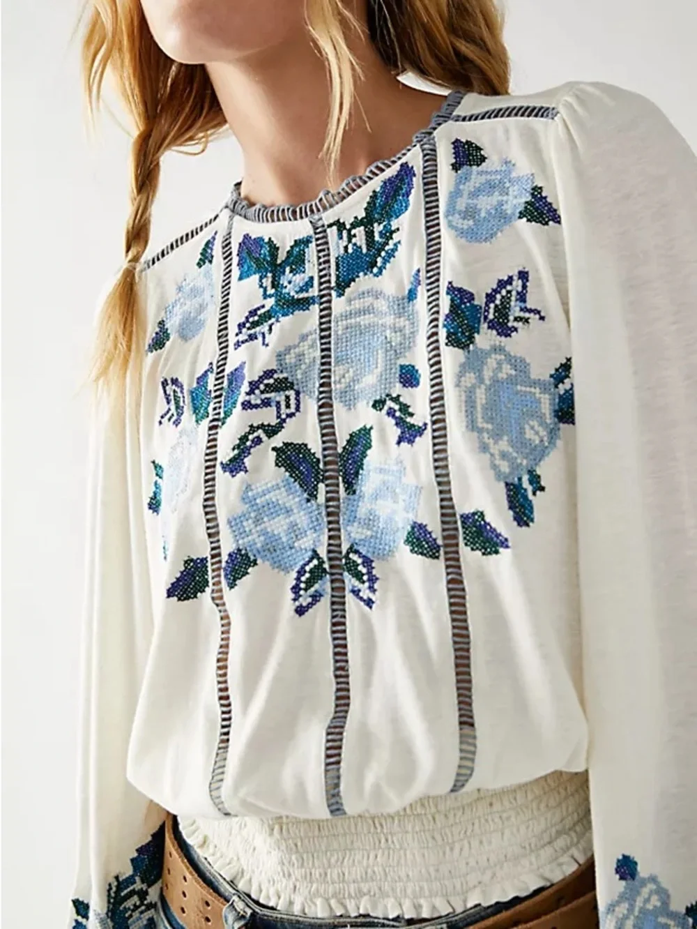 Free People Felicity Embroidered Smocked Boho Top Ivory Blue Size M